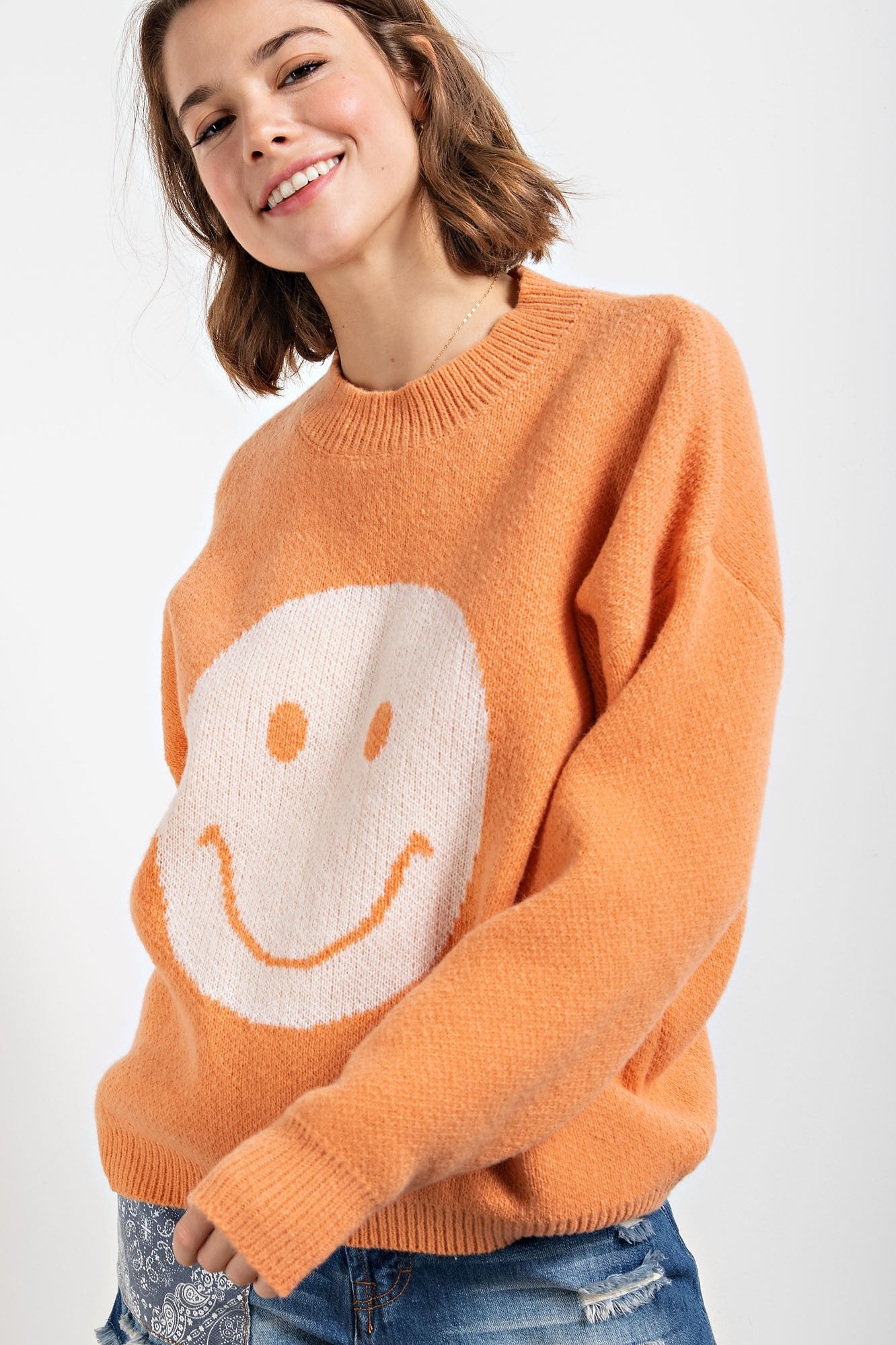 Smiley Face Sweater Coral Cream