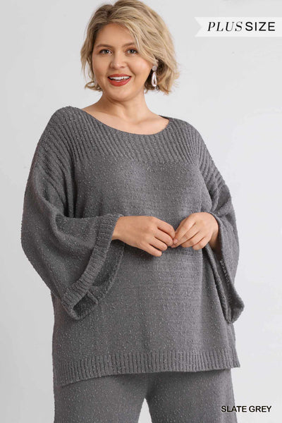 Grey 3/4 Wide Sleeve Knit Sweater