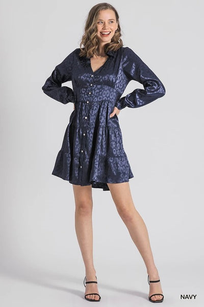 Navy Animal Print Button Down Tiered Dress