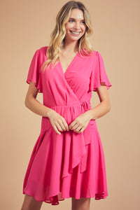 Hot Pink Overlap Side Self Tie Dress