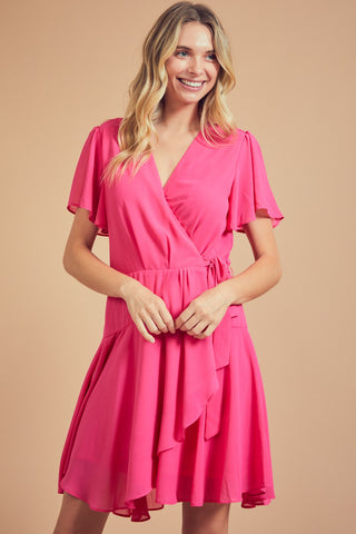 Hot Pink Overlap Side Self Tie Dress