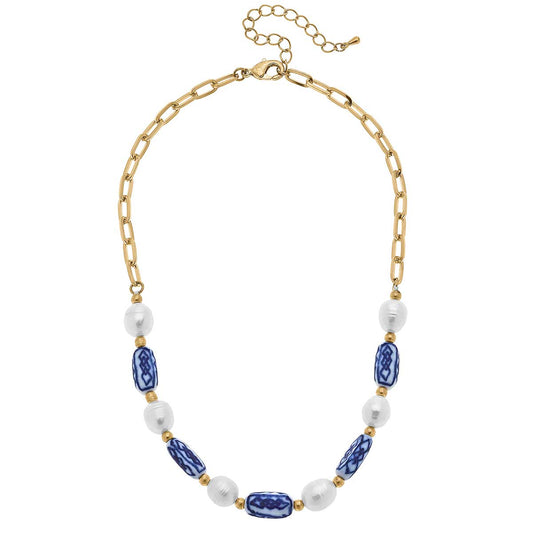 Katherine Chinoiserie & Pearl Necklace in Blue & White