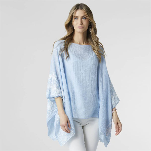 OS Luka Gauzy Embroidered Sleeve Poncho-Powder Blue
