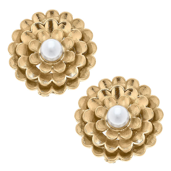 Zinnia Flower Stud Earrings in Worn Gold