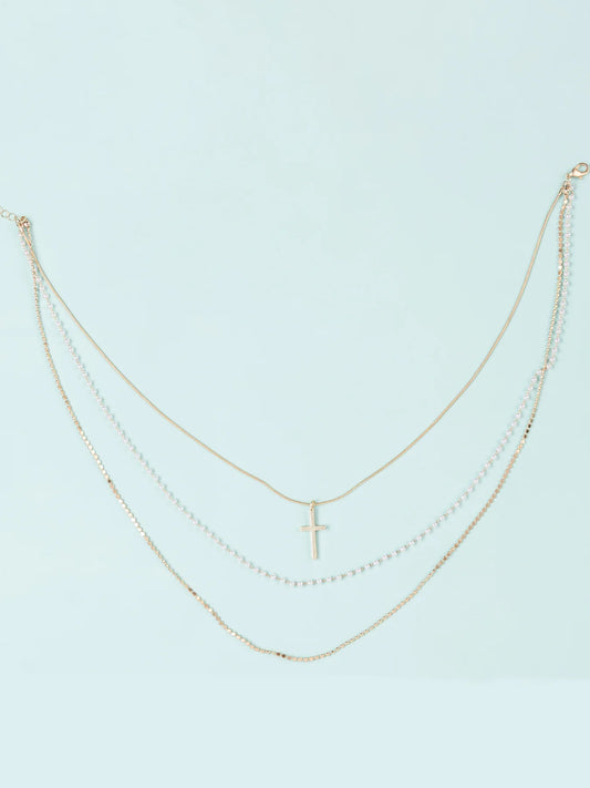Gold Layered Cross Peral Rosary Bead Neckl;ace
