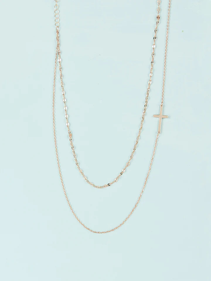 Gold Double Layered Side Cross Necklace