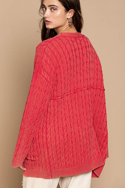 Red Vintage Cable Cardigan Sweater