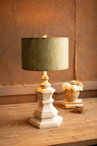Antique White Wood Table Lamp with Antique Green Metal Shade