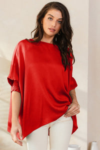 Red Boatneck Smocked Cuff Blouse