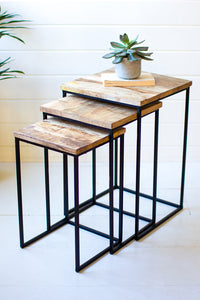 Set of 3 / Nesting Square Mango Wood and Metal Tables