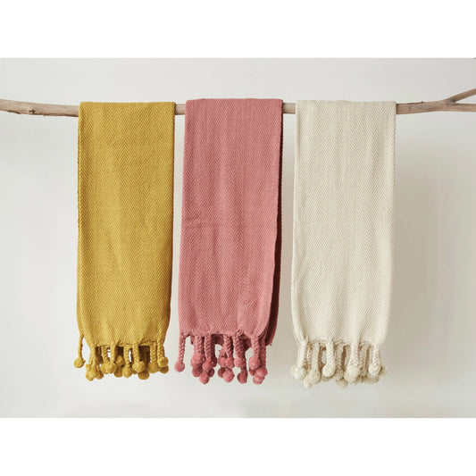 Throw with Braided Pom Pom Tassels Cream /rose