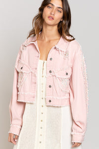 Pink Cropped Distressed Sequins Jacket
