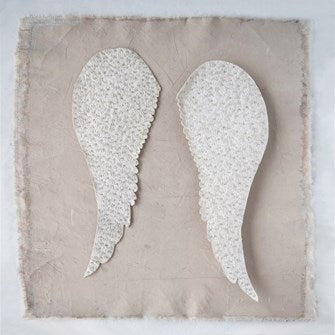 Handmade Recycled Fabric Angel Wings Wall Decor w/ Glass Beads, Cream Color