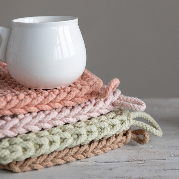 8" Square Cotton Crocheted Potholder, 4 Colors