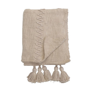 Natural Woven Cotton Throw w Embroidery & Tassels