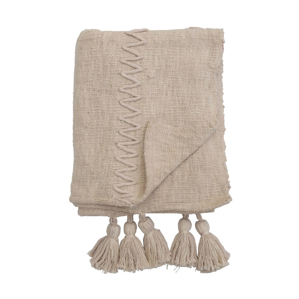 Natural Woven Cotton Throw w Embroidery & Tassels