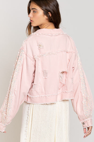 Pink Cropped Distressed Sequins Jacket