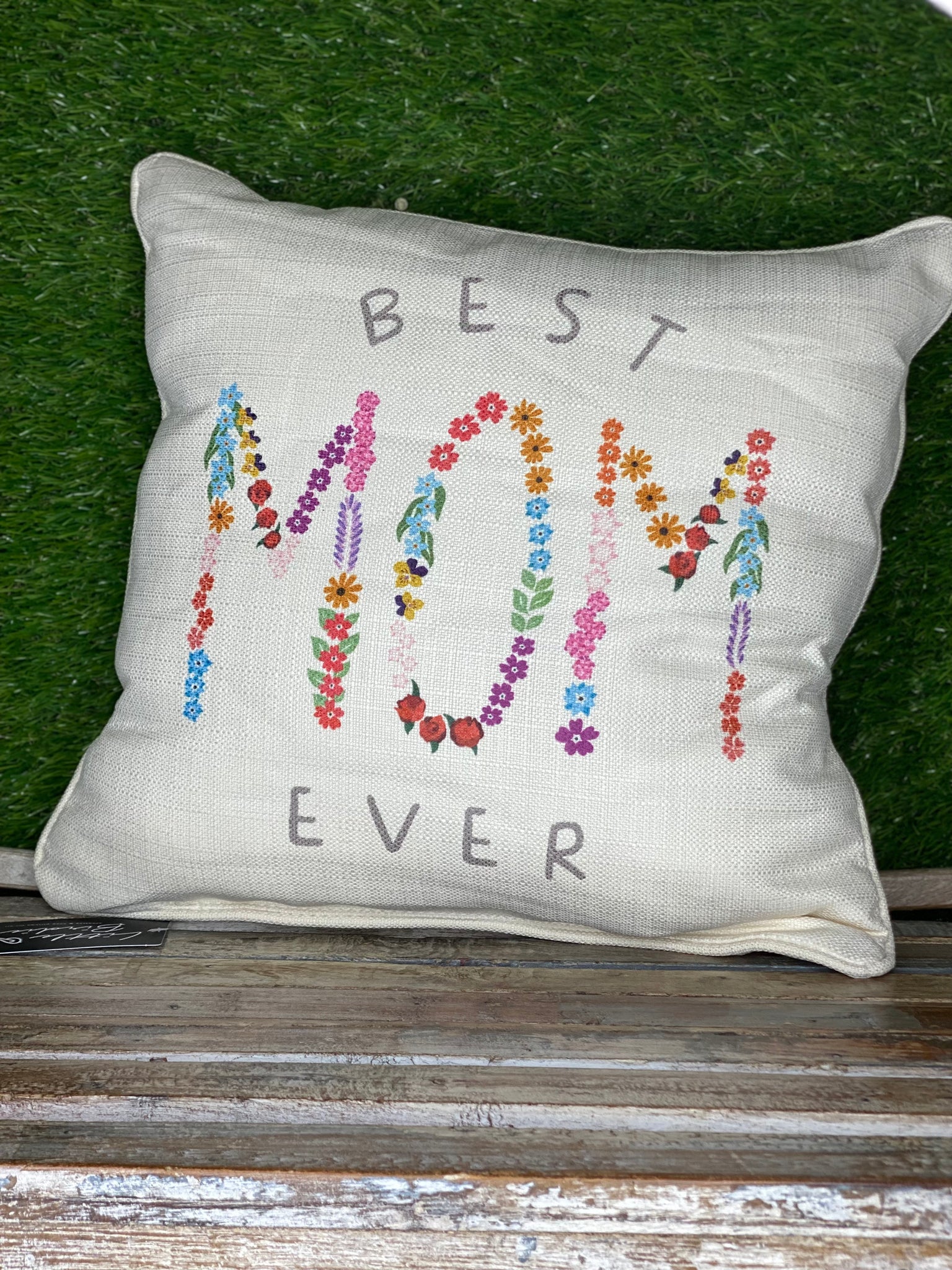 Best Mom Floral Pillow Piped Sq