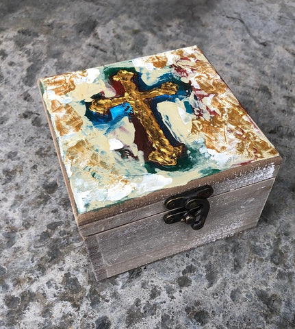 4.5 x 4.5 x 3" Handpainted Cross Wood Box,