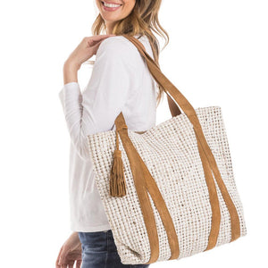 CREAM AND METALLIC GOLD FOIL TOTE BAG WITH LEATHER STRAPS