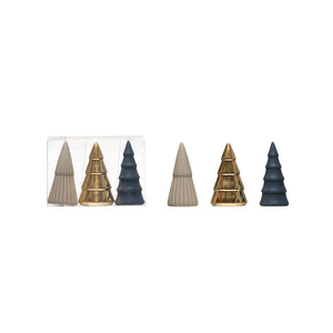3-1/2"H Stoneware Trees, Blue, Grey and Gold Colors, Boxed Set of 3
