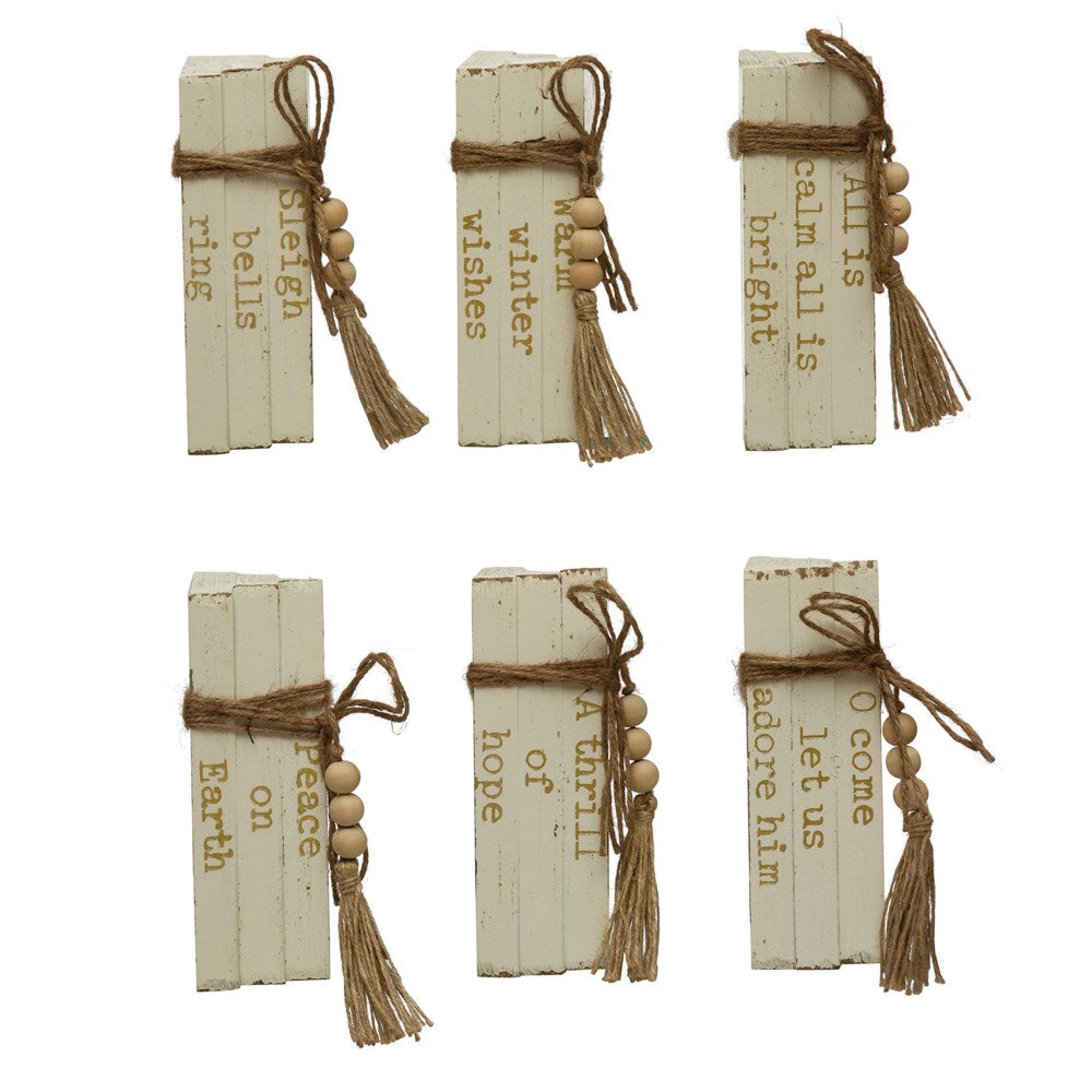 Block Faux Books w/ Holiday Saying, Wood Beads & Jute Tie, White & Gold
